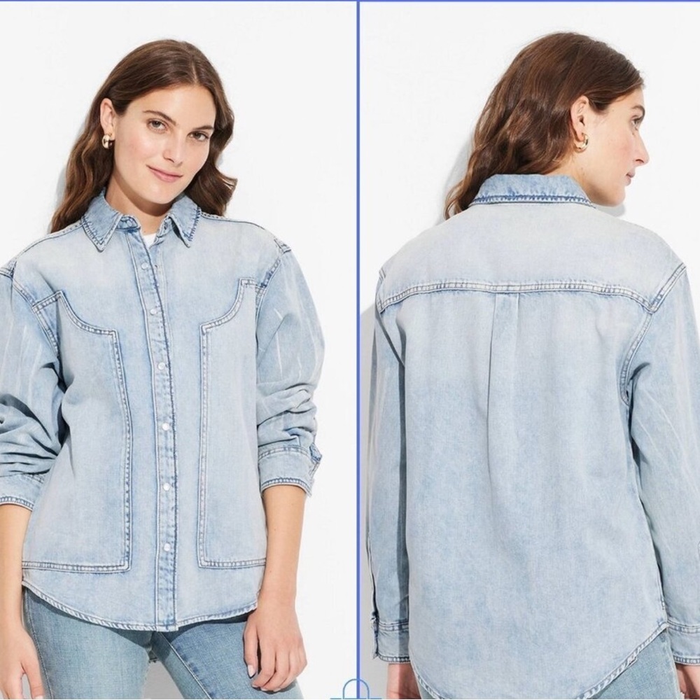 NWT Oversized Light Denim Denim Snap Button Up Western Shirt Jacket Shacket Sz S